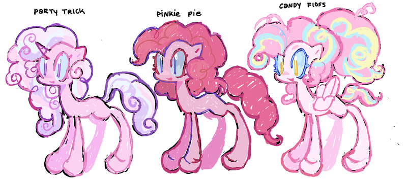 Size: 1955x887 | Tagged: safe, artist:dddddaxie998839, derpibooru import, pinkie pie, oc, oc:candy floss, oc:party trick, pegasus, pony, unicorn, image, png, redesign, simple background, species swap, white background