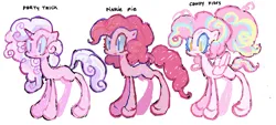 Size: 1955x887 | Tagged: safe, artist:dddddaxie998839, derpibooru import, pinkie pie, oc, oc:candy floss, oc:party trick, pegasus, pony, unicorn, image, png, redesign, simple background, species swap, white background