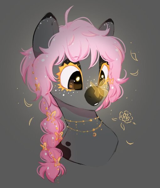 Size: 894x1051 | Tagged: safe, artist:melodylibris, derpibooru import, oc, unofficial characters only, butterfly, earth pony, insect, pony, braid, bust, butterfly on nose, dark muzzle, facial markings, female, freckles, gray background, image, insect on nose, jewelry, jpeg, mare, necklace, simple background, solo