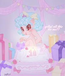 Size: 2198x2544 | Tagged: safe, derpibooru import, cozy glow, pegasus, pony, birthday, birthday cake, birthday gift, blue hair, bow, bucktooth, cake, candle, cute, female, filly, foal, food, freckles, hair bow, image, jewelry, looking at you, party, png, present, smiling, smiling at you, solo, sparkles, tiara