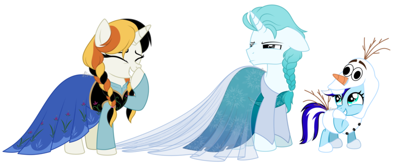 Size: 10899x4416 | Tagged: safe, artist:feather_bloom, derpibooru import, oc, oc:blizzard blitz, oc:candy corn, oc:ice storm, pony, unicorn, anna (frozen), braid, clothes, commission, costume, dress, elsa, frozen (movie), giggling, grumpy, halloween, holiday, image, nightmare night, olaf, png, simple background, teasing, transparent background