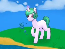 Size: 1400x1050 | Tagged: safe, artist:lotusflare, derpibooru import, oc, oc:aquatic lotus, pony, unicorn, cloud, horn, image, looking at you, magic, magic aura, male, no cutie marks because im lazy, no cutie marks yet, png, river, stallion, telekinesis, unicorn oc, water