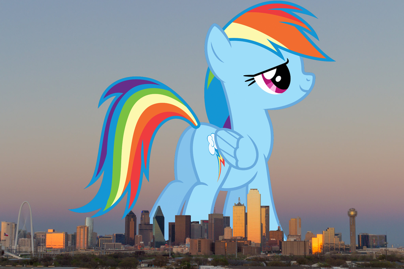 Size: 2047x1365 | Tagged: safe, artist:dashiesparkle, derpibooru import, edit, editor:jaredking779, rainbow dash, pegasus, pony, butt, dallas, female, folded wings, giant pony, giantess, highrise ponies, image, irl, jpeg, macro, mare, photo, plot, ponies in real life, solo, story included, texas, wings