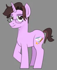 Size: 623x765 | Tagged: safe, artist:nonameorous, derpibooru import, oc, oc:cynical tea, unofficial characters only, pony, unicorn, glasses, gray background, image, looking at you, male, png, ponysona, raised hoof, simple background, smiling, smiling at you, solo, stallion, standing