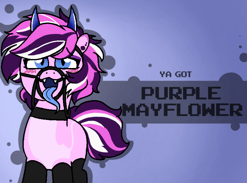 Size: 800x592 | Tagged: safe, artist:soupafterdark, derpibooru import, oc, oc:purple mayflower, pony, succubus, banned from equestria daily, blue background, blushing, choker, clothes, commissioner:dhs, ear piercing, horns, image, leggings, long tongue, piercing, pink coat, png, reins, simple background, solo, tongue out, ya got