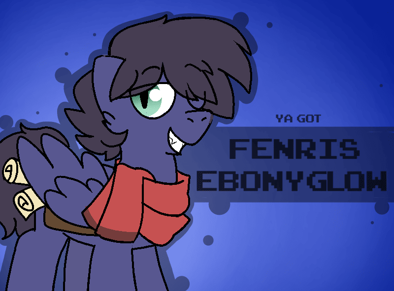 Size: 800x592 | Tagged: safe, artist:soupafterdark, derpibooru import, oc, oc:fenris ebonyglow, pony, banned from equestria daily, bag, black mane, blue background, blue coat, clothes, commissioner:dhs, image, one eye closed, parchment, png, saddle bag, scarf, simple background, solo, wink, ya got