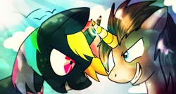 Size: 1280x688 | Tagged: safe, artist:lupisvulpes, artist:michufluff, derpibooru import, oc, oc:monochromatic heart, oc:neon punx, unofficial characters only, pony, unicorn, collaboration, duo, fight, grin, horn, image, jpeg, male, smiling, stallion