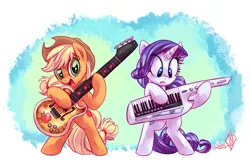 Size: 2200x1475 | Tagged: safe, artist:whitediamonds, derpibooru import, applejack, rarity, earth pony, pony, unicorn, equestria girls, rainbow rocks, applejack's hat, bass guitar, bipedal, cowboy hat, duo, duo female, female, guitar, hat, horn, image, keytar, lesbian, looking at something, looking at you, mare, musical instrument, open mouth, open smile, png, rarijack, rarijack daily, shipping, smiling, smiling at you