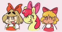 Size: 1752x916 | Tagged: safe, artist:sleeepypyroartz, derpibooru import, apple bloom, earth pony, human, pony, blushing, bow, earthbound, eyes closed, female, filly, foal, hair bow, image, jpeg, lulu (warioware), open mouth, pink background, simple background, smiling, tracy, warioware