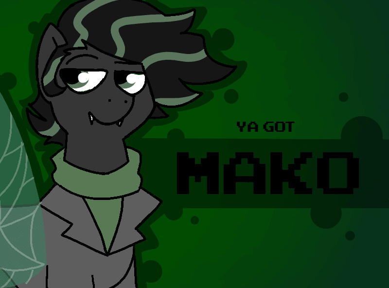 Size: 800x592 | Tagged: safe, artist:soupafterdark, derpibooru import, oc, oc:mako, unofficial characters only, changeling, pony, banned from equestria daily, clothes, commissioner:dhs, fangs, gradient background, green background, image, jacket, png, simple background, solo, sweater, turtleneck, two toned mane, ya got