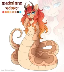 Size: 3645x4093 | Tagged: safe, artist:madelinne, derpibooru import, oc, unofficial characters only, lamia, original species, adoptable, adoptable open, adoption, belly button, fangs, gradient hair, horns, image, long hair, looking at you, png, reference sheet, smiling, smiling at you, solo, zoom layer