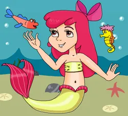 Size: 840x765 | Tagged: safe, artist:ocean lover, derpibooru import, apple bloom, fish, human, mermaid, seahorse, starfish, adorabloom, amber eyes, apple bloom's bow, bandeau, bare midriff, belly, belly button, bow, bubble, child, coral, cute, fins, fish tail, hair bow, happy, human coloration, humanized, image, long hair, looking up, mermaid tail, mermaidized, midriff, ms paint, ocean, png, red hair, sand, smiling, species swap, tail, underwater, water