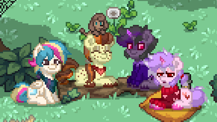 Size: 436x245 | Tagged: safe, derpibooru import, oc, oc:choco bubbles, oc:dusk thorns, oc:gnarly breeze, oc:valentino, unofficial characters only, dog, earth pony, pegasus, pony, poodle, unicorn, pony town, ^^, eyes closed, group shot, grumpy, image, log, lying down, pillow, png, sitting, unshorn fetlocks