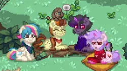 Size: 436x245 | Tagged: safe, derpibooru import, oc, oc:choco bubbles, oc:dusk thorns, oc:gnarly breeze, oc:valentino, unofficial characters only, dog, earth pony, pegasus, pony, poodle, unicorn, pony town, ^^, eyes closed, group shot, grumpy, image, log, lying down, pillow, png, sitting, unshorn fetlocks