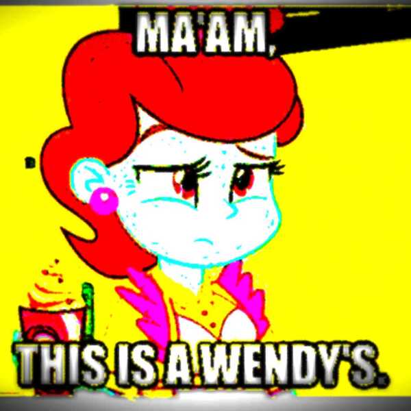 Size: 1400x1400 | Tagged: safe, derpibooru import, edit, edited edit, edited screencap, editor:anonymous, editor:ok cheez, screencap, cup cake, equestria girls, deep fried meme, image, jpeg, meme, ponified meme, sir this is a wendy's