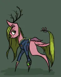 Size: 1015x1280 | Tagged: safe, artist:buttersflutterscotch, derpibooru import, oc, deer, deer pony, hybrid, original species, clothes, image, jpeg, jumpsuit, solo, tail wings, vault suit