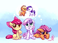 Size: 1700x1250 | Tagged: safe, artist:whitediamonds, derpibooru import, apple bloom, applejack, rarity, scootaloo, sweetie belle, earth pony, pegasus, pony, unicorn, apple bloom's bow, applejack's hat, blank flank, blushing, bow, cowboy hat, cutie mark crusaders, eyebrows, eyebrows visible through hair, eyes closed, female, filly, foal, grin, hair bow, hat, horn, image, lesbian, open mouth, png, pointy ponies, raised hoof, rarijack, rarijack daily, shipper on deck, shipping, signature, sitting, smiling, thought bubble, tongue out, trio