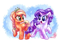 Size: 1750x1250 | Tagged: safe, artist:whitediamonds, derpibooru import, applejack, rarity, crystal pony, earth pony, pony, unicorn, alternate hairstyle, braid, crystallized, duo, duo female, female, hatless, horn, image, lesbian, looking at each other, looking at someone, mare, missing accessory, open mouth, open smile, png, raised hoof, raised leg, rarijack, rarijack daily, shipping, signature, smiling, smiling at each other