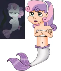 Size: 771x896 | Tagged: safe, artist:ocean lover, derpibooru import, sweetie belle, human, mermaid, seapony (g4), season 8, surf and/or turf, spoiler:s08, angry, bandeau, bare midriff, bare shoulders, belly, belly button, bored, crossed arms, cute, fins, fish tail, frown, green eyes, headband, human coloration, humanized, image, light skin, looking up, madorable, mermaid tail, mermaidized, midriff, ms paint, ocean, open mouth, png, scene interpretation, seaponified, seapony sweetie belle, seaweed, side by side, simple background, sleeveless, species swap, sweetie belle is not amused, tail, tail fin, two toned hair, unamused, underwater, water, white background