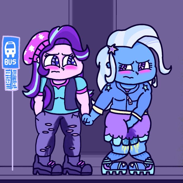 Size: 1080x1080 | Tagged: questionable, artist:ponkopee16, derpibooru import, starlight glimmer, trixie, human, equestria girls, accident, alley, beanie, blushing, bus stop, clothes, covering, covering crotch, desperation, duo, duo female, female, hat, holding hands, image, jacket, looking at each other, looking at someone, need to pee, omorashi, pants, pissing, png, potty emergency, potty failure, potty time, ripped pants, skirt, torn clothes, urine, wetting