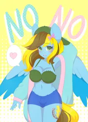 Size: 3100x4300 | Tagged: safe, artist:yomechka, derpibooru import, oc, oc:lucky bolt, unofficial characters only, anthro, human, pony, equestria girls, backwards ballcap, baseball cap, beautiful, bow, bra, cap, clothes, cute, cutie mark, daisy dukes, female, hair bow, hat, heart, humanized, image, jacket, long hair, looking at you, mare, png, sexy, shorts, shy, underwear, wings