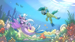 Size: 2560x1440 | Tagged: safe, artist:mysticalpha, derpibooru import, sandbar, silverstream, earth pony, fish, pony, seapony (g4), image, png, seapony silverstream, snorkel, underwater, water