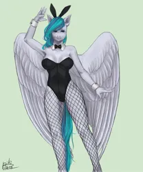 Size: 1067x1280 | Tagged: suggestive, alternate version, artist:p i k i n a s 13, derpibooru import, oc, oc:vinyl dask, anthro, pegasus, pony, breasts, bunny suit, clothes, image, jpeg, solo