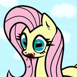 Size: 1000x1000 | Tagged: semi-grimdark, artist:scandianon, derpibooru import, fluttershy, bird, pegasus, pony, blood, eating, feather, female, food, hoers, image, mare, meat, outdoors, png, ponies eating meat, predation, rectangular pupil, sky, whiskers