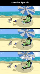 Size: 1920x3516 | Tagged: safe, artist:platinumdrop, derpibooru import, derpy hooves, oc, oc:anon, oc:anon stallion, pegasus, pony, comic:caretaker, comic:caretaker specials, 3 panel comic, angry, beach, beach chair, beach umbrella, bucket, butt, caretaker, chair, comic, commission, crying, duo, falling, female, filly, filly derpy, flank, floppy ears, foal, food, hoof hold, i just don't know what went wrong, ice cream, ice cream cone, image, male, newspaper, ocean, outdoors, parasol (umbrella), plot, png, reading, sad, sand, sandcastle, scrunchy face, seaside, shovel, sitting, smiling, speech, speech bubble, stern, summer, sun, sunglasses, talking, tongue out, umbrella, vacation, water, wings, wings down, younger