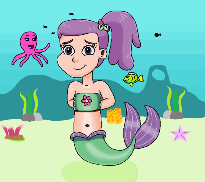 Size: 744x663 | Tagged: safe, artist:ocean lover, derpibooru import, fish, human, mermaid, octopus, starfish, bare shoulders, bashful, belly, belly button, boulder, child, clothes, coral, cute, cutie mark, cutie mark on clothes, female, fins, fish tail, flower, hands behind back, human coloration, humanized, image, innocent, kelp, lily pad (g4), looking at you, mermaid tail, mermaidized, midriff, ms paint, ocean, png, ponytail, purple eyes, purple hair, sand, seaweed, sleeveless, smiling, smiling at you, solo, solo female, species swap, swimming, tail, tail fin, underwater, water