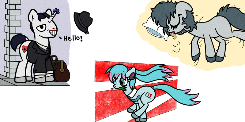 Size: 4000x2000 | Tagged: safe, artist:scandianon, derpibooru import, oc, oc:laughing salespony, oc:sleepy goodnight, unofficial characters only, earth pony, pony, unicorn, bag, clothes, dialogue, drool, eyes closed, female, food, glasses, hat, hatsune miku, image, leek, magic, male, mare, mouth hold, necktie, pillow, png, running, sleeping, smiling, stallion, telekinesis, vocaloid