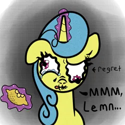Size: 1000x1000 | Tagged: safe, artist:scandianon, derpibooru import, lemon hearts, pony, unicorn, dialogue, eating, female, food, image, lemon, looking at you, magic, mare, png, puckered lips, regret, scrunchy face, teary eyes, telekinesis, tongue out, wall eyed