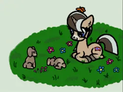 Size: 1197x895 | Tagged: safe, artist:scandianon, derpibooru import, oc, oc:norsk fjord, ponified, unofficial characters only, butterfly, insect, pony, rabbit, unicorn, animal, dock, facial markings, female, flag, flower, grass, hooves, image, jpeg, looking down, lying down, mare, nation ponies, norway, outdoors, ponyloaf, prone, tail