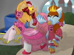 Size: 4000x3000 | Tagged: safe, artist:spiroudada, derpibooru import, oc, unofficial characters only, gryphon, pony, unicorn, bow, castle, clothes, cute, dress, duo, fountain, giggling, image, jewelry, pink, png, princess, princess dress, shoes, smiling, sunlight, tiara