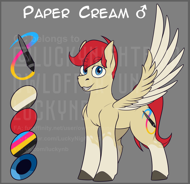 Size: 3500x3400 | Tagged: safe, artist:luckynb, derpibooru import, oc, oc:paper cream, pegasus, pony, image, obtrusive watermark, pegasus oc, png, reference sheet, sharp teeth, solo, teeth, watermark, wings