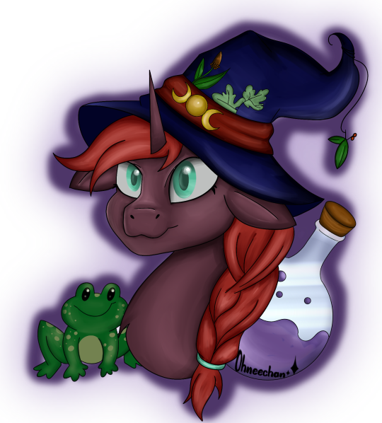 Size: 540x598 | Tagged: safe, artist:ohneechan, derpibooru import, oc, frog, pony, unicorn, :3, braid, clothes, costume, female, flask, green eyes, hairband, halloween, halloween costume, hat, herbs, holiday, horn, image, mistletoe, png, potion, profile picture, simple background, smiling, solo, solo female, transparent background, unicorn oc, watermark, witch hat