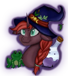 Size: 540x598 | Tagged: safe, artist:ohneechan, derpibooru import, oc, frog, pony, unicorn, :3, braid, clothes, costume, female, flask, green eyes, hairband, halloween, halloween costume, hat, herbs, holiday, horn, image, mistletoe, png, potion, profile picture, simple background, smiling, solo, solo female, transparent background, unicorn oc, watermark, witch hat