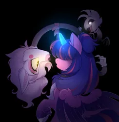 Size: 975x1000 | Tagged: safe, artist:thewandie, derpibooru import, oc, oc:estella sparkle, unofficial characters only, alicorn, fox, pony, alicorn oc, animatronic, black background, broken horn, chest fluff, commission, crossover, duo, female, five nights at freddy's, glow, glowing horn, hair over eyes, horn, image, mangle, mare, markings, open mouth, png, raised hoof, simple background, unshorn fetlocks, wings, ych result