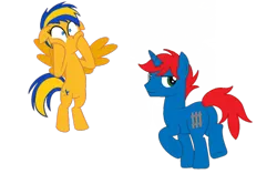 Size: 1098x691 | Tagged: safe, artist:ry-bluepony1, derpibooru import, oc, oc:flare spark, oc:train track, unofficial characters only, pegasus, pony, unicorn, backwards cutie mark, eyes closed, female, image, male, no mouth, png, simple background, smiling, stallion