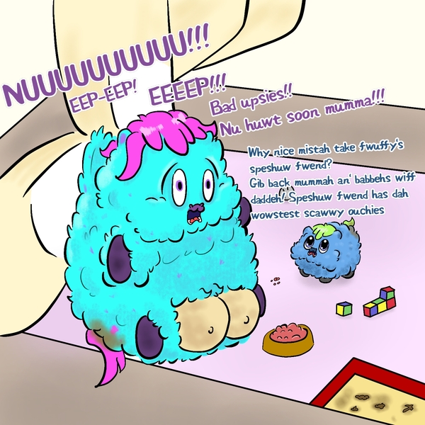 Size: 1500x1500 | Tagged: questionable, semi-grimdark, artist:badroomie, oc, oc:blueberry, fluffy pony, bad upsies, blocks, crotchboobs, fetish, fluffspeak, green hair, hand, image, jpeg, kibble, litterbox, looking up, microfluffs, nudity, picking up, pink hair, poop, pregnant, scared, scat