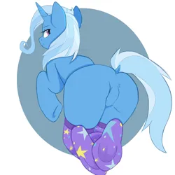 Size: 2500x2500 | Tagged: safe, artist:choppedraven, derpibooru import, edit, trixie, semi-anthro, unicorn, butt, clothes, featureless crotch, female, hooves, image, kneesocks, looking at you, looking back, looking back at you, mare, plot, png, sfw edit, simple background, socks, solo, solo female, the great and powerful ass