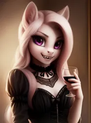 Size: 512x688 | Tagged: safe, derpibooru import, machine learning generated, stable diffusion, fluttershy, anthro, undead, vampire, vampony, ai content, female, generator:pony diffusion v5, glass, image, lace, png, solo, wine glass