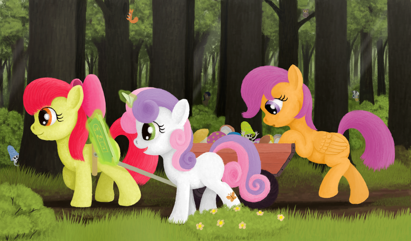 Size: 1796x1052 | Tagged: safe, artist:xodok, derpibooru import, apple bloom, scootaloo, sweetie belle, zecora, bird, butterfly, earth pony, insect, owl, pegasus, pony, squirrel, unicorn, zebra, series:ponyashnost, book, flower, forest, image, mushrooms, png, tree