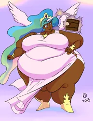 Size: 842x1089 | Tagged: suggestive, artist:kawaiidebu, derpibooru import, edit, editor:shiftyshades, princess celestia, human, bbw, belly, big belly, big breasts, breasts, chubby, chubbylestia, dark skin, fat, fat ass, fat boobs, fat fetish, female, fetish, huge belly, huge breasts, humanized, image, morbidly obese, obese, png, solo, solo female, ssbbw, thick