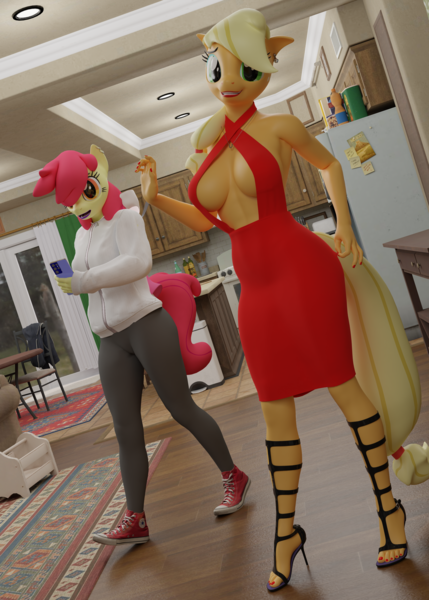 Size: 5000x7000 | Tagged: suggestive, artist:lumimation, derpibooru import, apple bloom, applejack, anthro, earth pony, plantigrade anthro, 3d, absurd file size, absurd resolution, big breasts, blue eyeshadow, breasts, busty applejack, clothes, converse, dress, dressup, ear piercing, earring, eyeliner, eyeshadow, female, females only, high heels, hoodie, image, jewelry, kitchen, large butt, lipstick, living room, looking at you, makeup, pants, phone, piercing, png, purple lipstick, red lipstick, revealing clothing, sexy, shoes, siblings, sisters, smiling, sweatpants, tight clothing