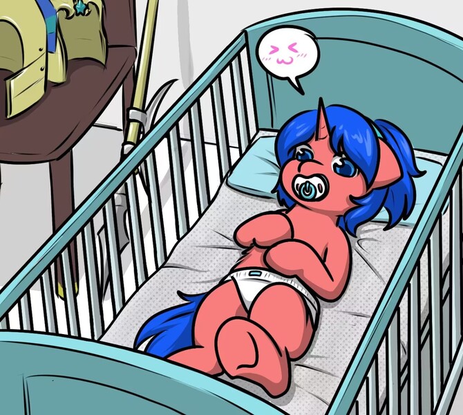 Size: 1288x1154 | Tagged: questionable, artist:chen_ying, derpibooru import, oc, oc:heavy halbard, unofficial characters only, pony, unicorn, adult foal, crib, diaper, female, guardsmare, image, jpeg, mare, pacifier, royal guard