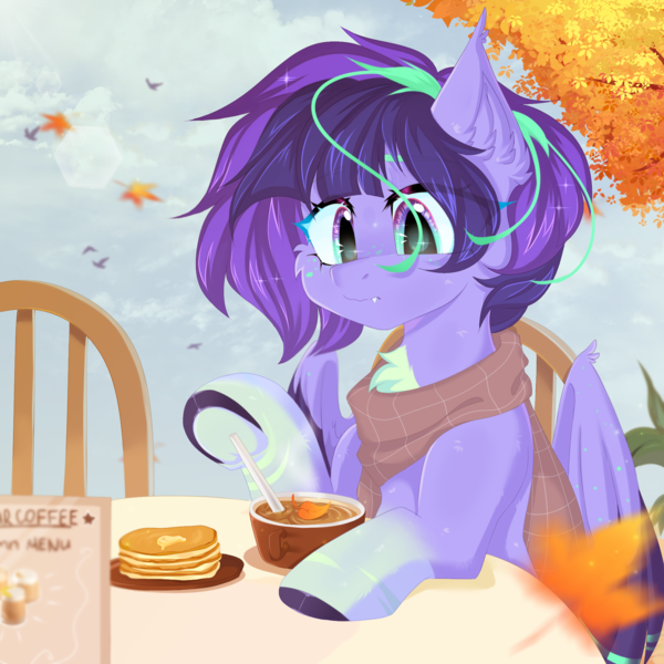 Size: 2000x2000 | Tagged: safe, artist:thieftea, derpibooru import, oc, bat pony, bird, hybrid, pegasus, pony, autumn, chair, clothes, cloud, coffee, coffee cup, colored wings, commission, cup, food, gradient eyes, gradient hooves, image, leaves, multicolored hair, multicolored mane, multicolored wings, pancakes, png, scarf, solo, tree, wings, ych result