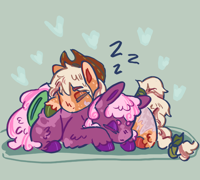 Size: 2000x1800 | Tagged: safe, artist:tottallytoby, derpibooru import, applejack, cheerilee, earth pony, pony, alternate design, cheerijack, cuddling, duo, female, heart, image, lesbian, onomatopoeia, png, shipping, sleeping, sound effects, zzz