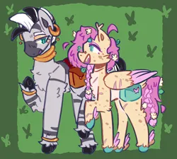 Size: 2000x1800 | Tagged: safe, artist:tottallytoby, derpibooru import, fluttershy, zecora, butterfly, insect, pegasus, pony, zebra, bag, bangles, body freckles, bracelet, braid, braided tail, cheek fluff, chest fluff, choker, colored hooves, cyan eyes, duo, ear piercing, ear tufts, earring, eyeshadow, female, flower, flower in hair, folded wings, freckles, green background, image, jewelry, leaves, leaves in hair, leg fluff, leg scar, lesbian, looking at each other, looking at someone, makeup, mare, open mouth, pale belly, piercing, png, saddle bag, scar, scarred, shipping, shycora, simple background, smiling, tail, talking, teal eyes, unshorn fetlocks, wing freckles, wing scar, wings