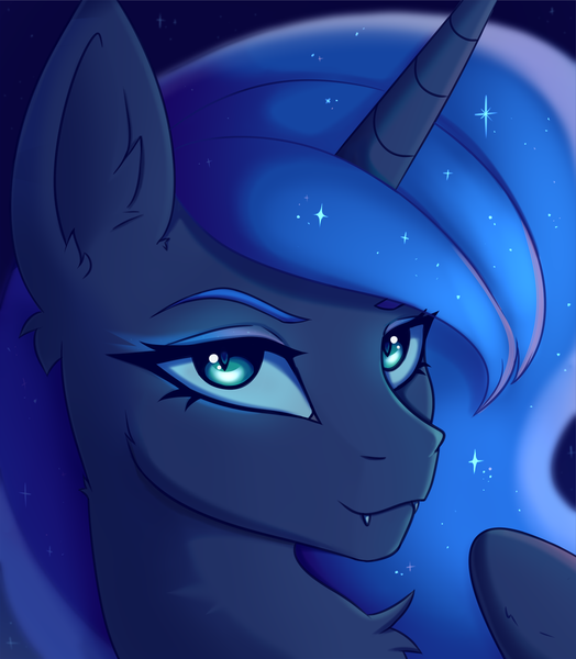 Size: 1817x2081 | Tagged: safe, artist:tanatos, derpibooru import, princess luna, alicorn, bust, ear fluff, fangs, glow, glowing eyes, horn, image, png, portrait, simple background, wings